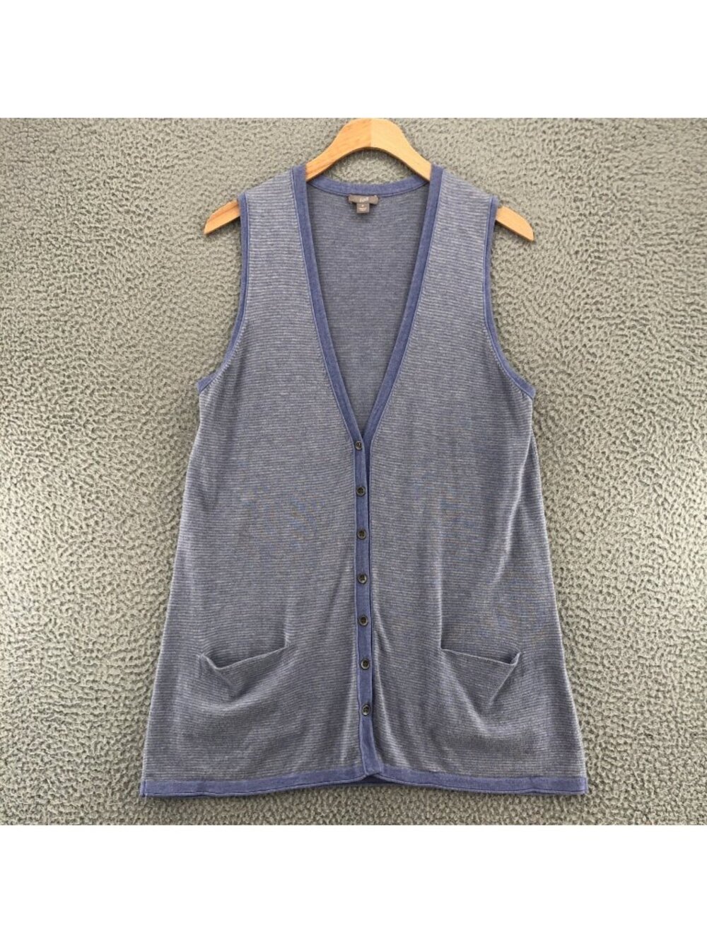 J Jill Sweater Womens Medium Blue Striped Knit Vest Button Cardigan Sleeveless